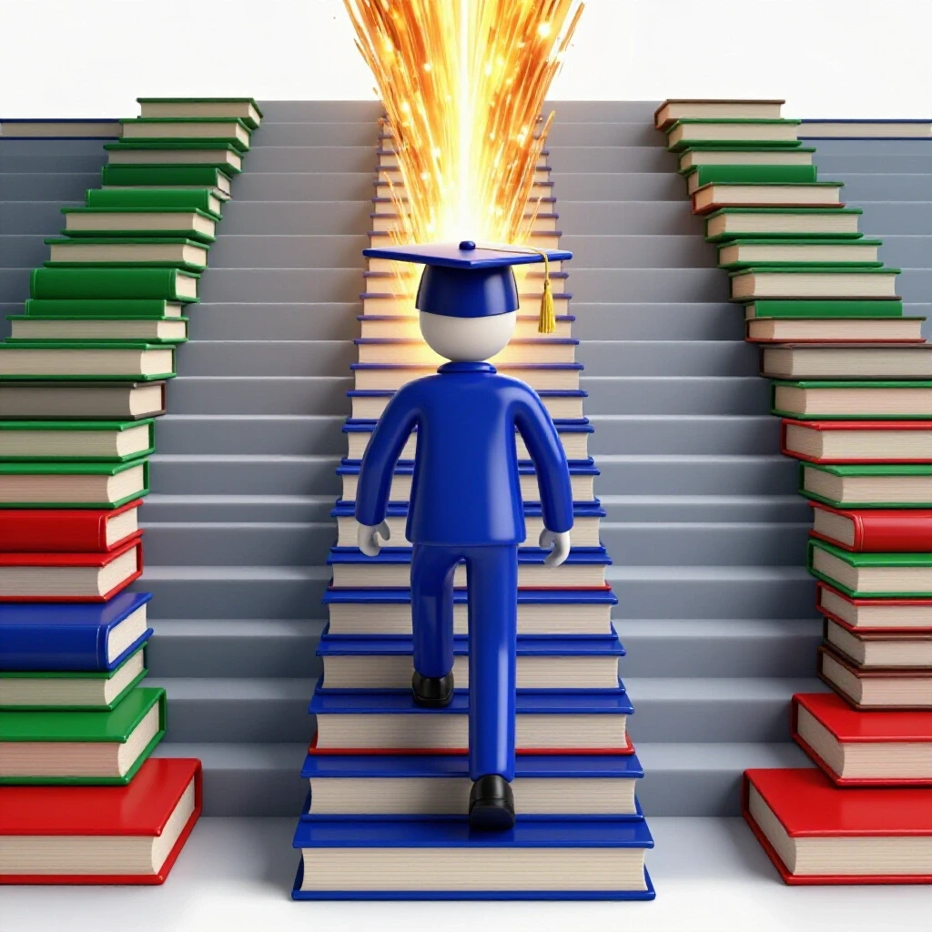 A determined academic cap climbs glossy, colorful book stairs toward a bright horizon, with fading shadows behind.