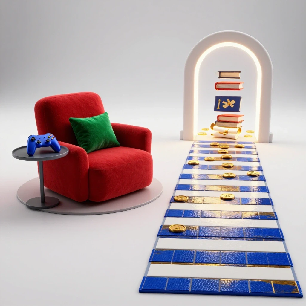 A crossroads shows a lounge with distractions on one side and a bright, milestone-lined path on the other.