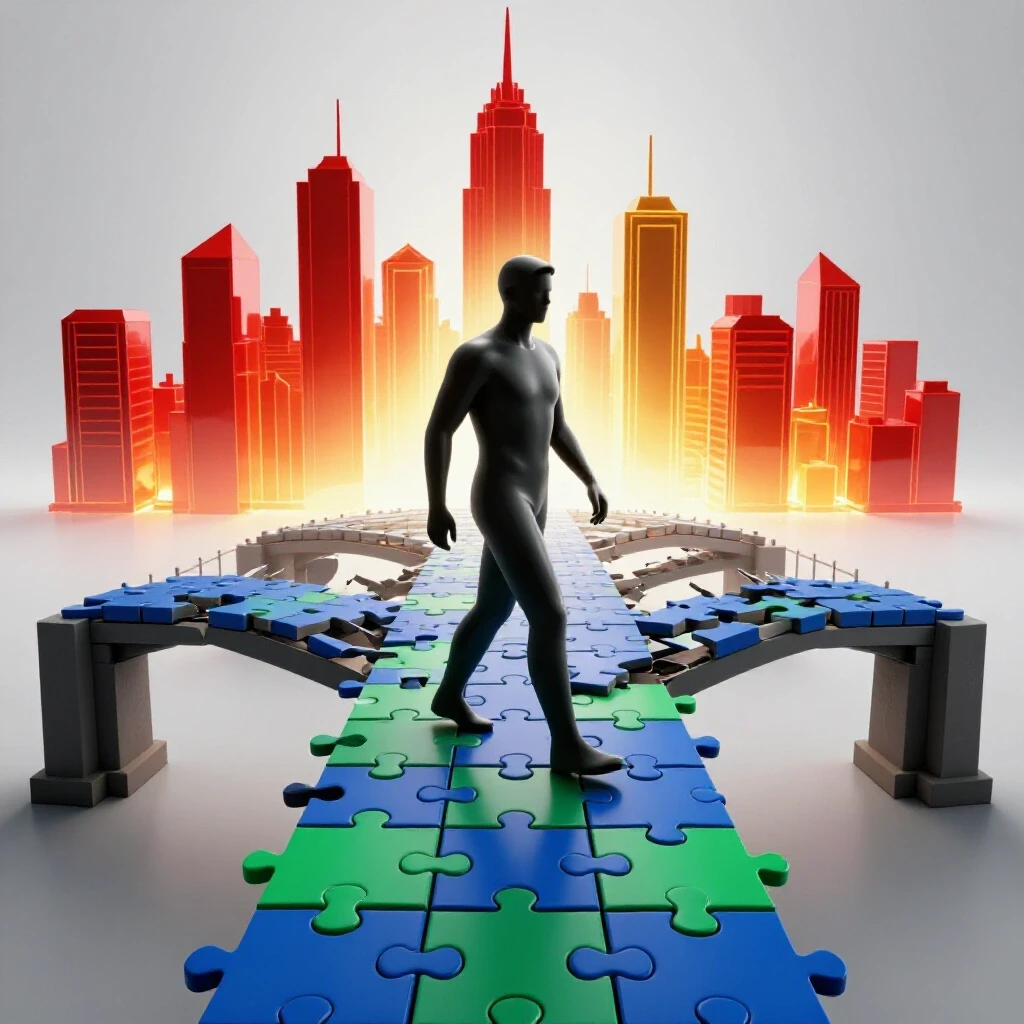 A determined metallic figure crosses a vivid puzzle bridge toward a glowing city skyline, symbolizing bridging skill gaps.
