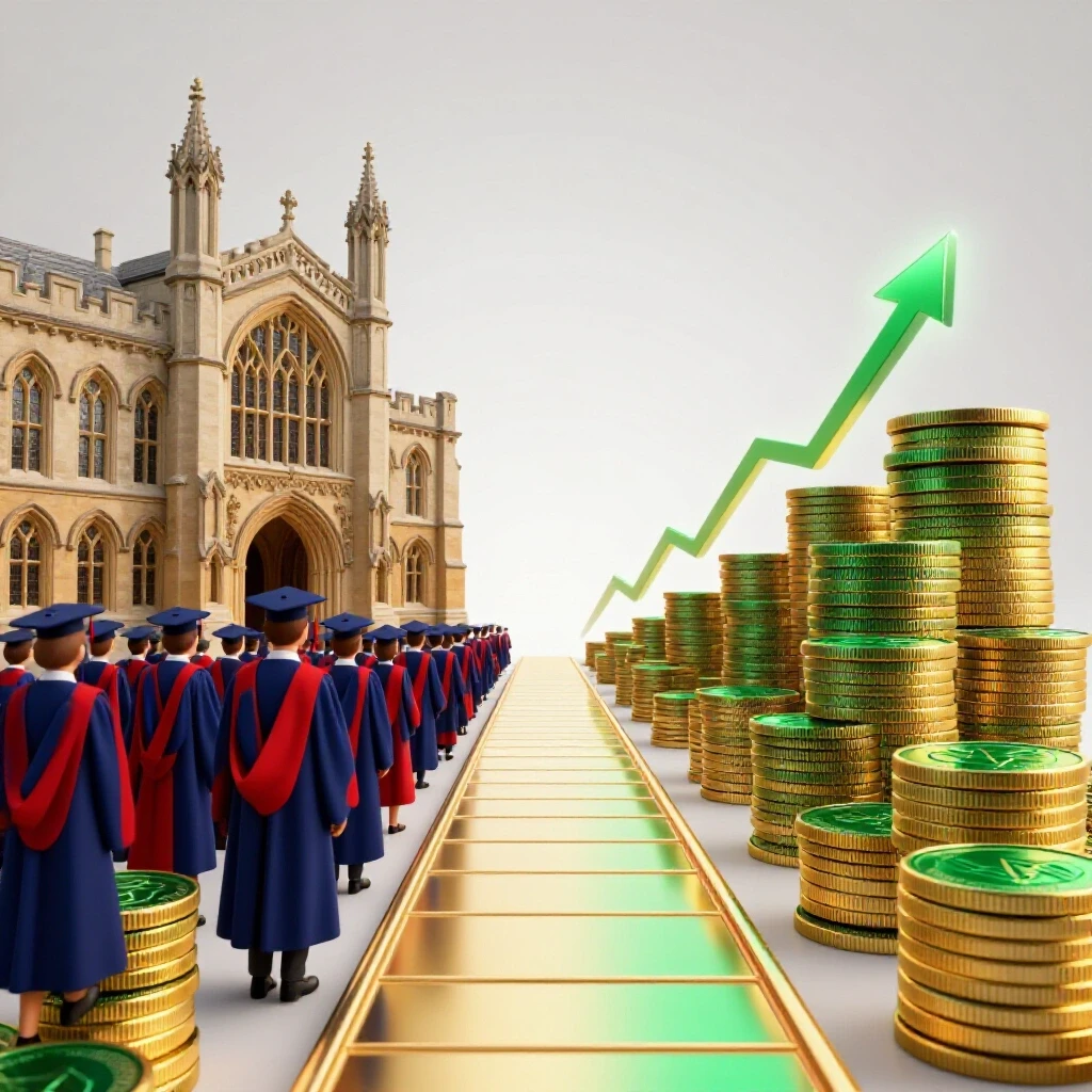 Split 3D scene with Oxford graduation ceremony on one side and coins turning into a glowing career pathway on the other.