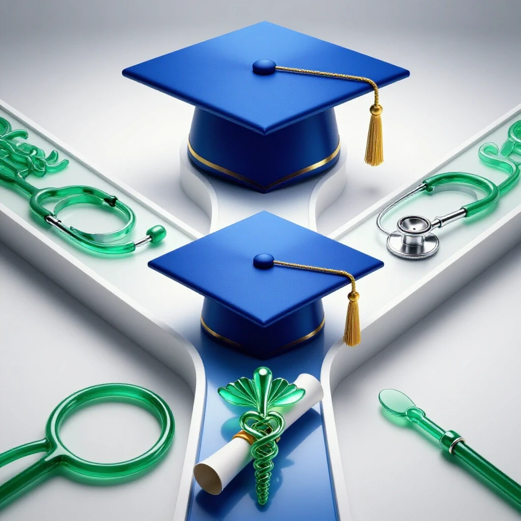 A central crossroads with one path leading to a graduation cap and diploma, another to medical tools, all on a bright background.