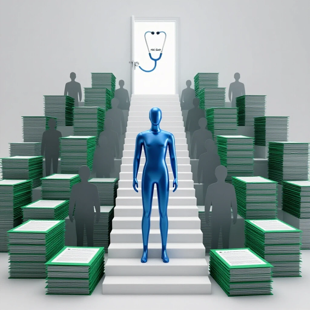 A metallic blue figure at the base of ascending document steps leading to a bright doorway with a glowing stethoscope, symbolizing PA school admissions journey and competition.