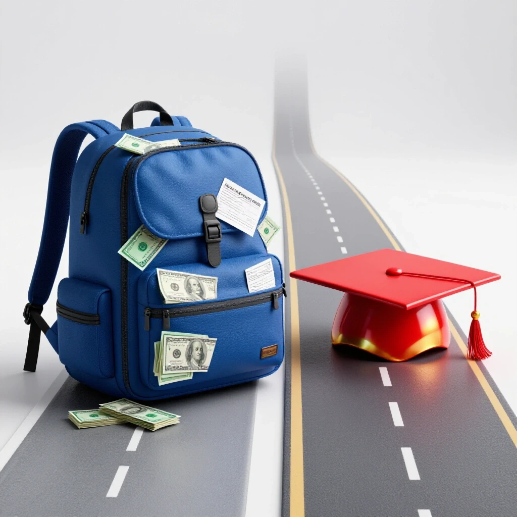 Split pathway with heavy backpack weighed by money and student loan papers on one side, leading to a bright graduation cap on the other.