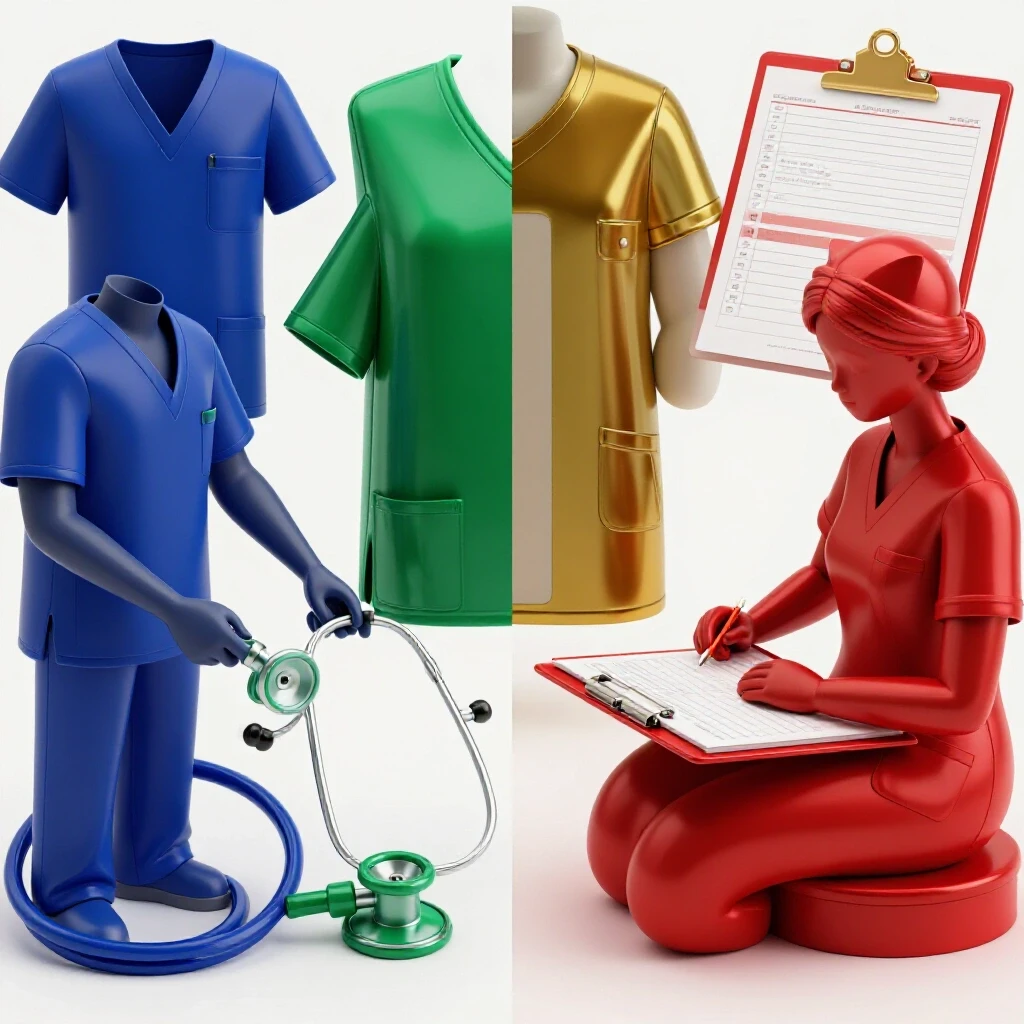 Split scene with bold medical tools on both sides: one side for physician assistant roles, the other for nurse practitioner paths.