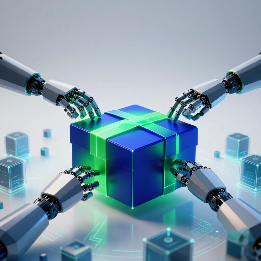 A futuristic glowing package assembled amid digital data streams and interconnected boxes on a bright background.