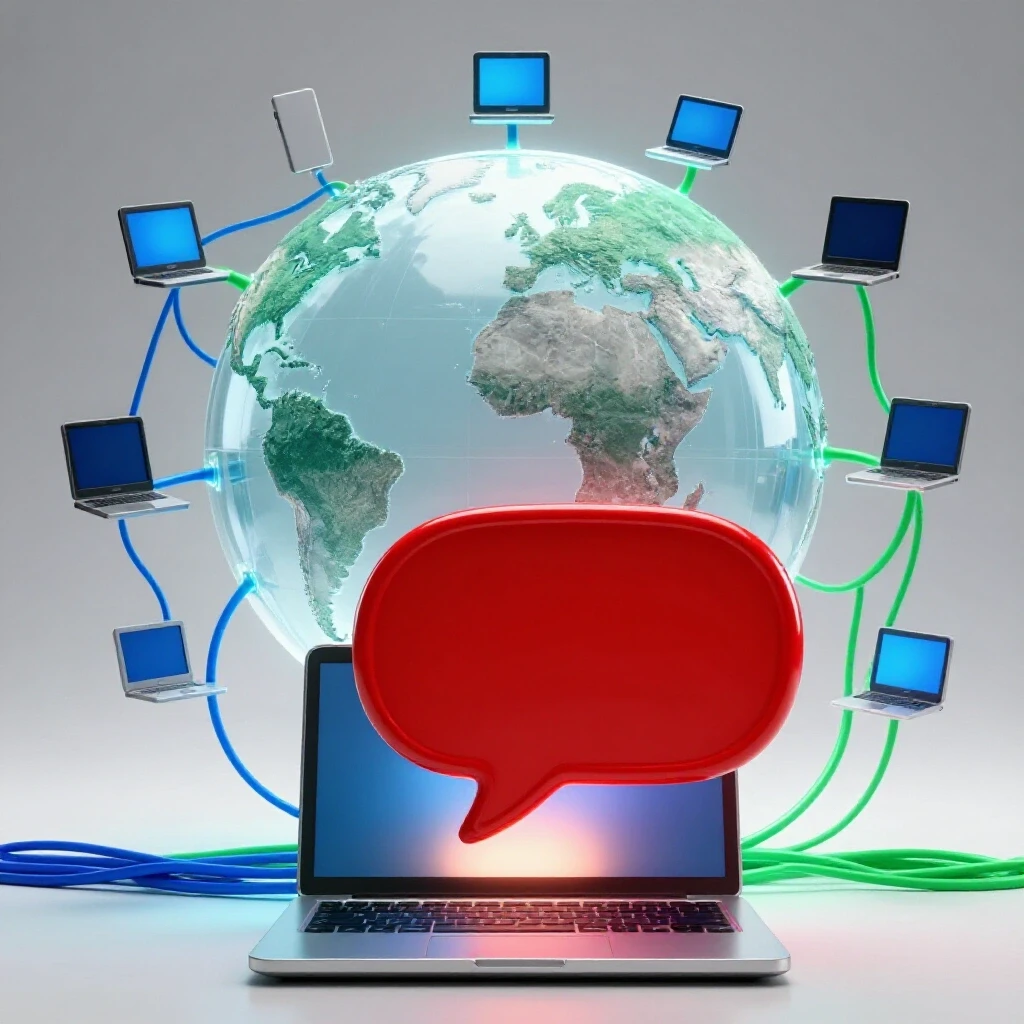 Vivid 3D laptop and crimson speech bubble with a luminous globe and connected devices on a bright background