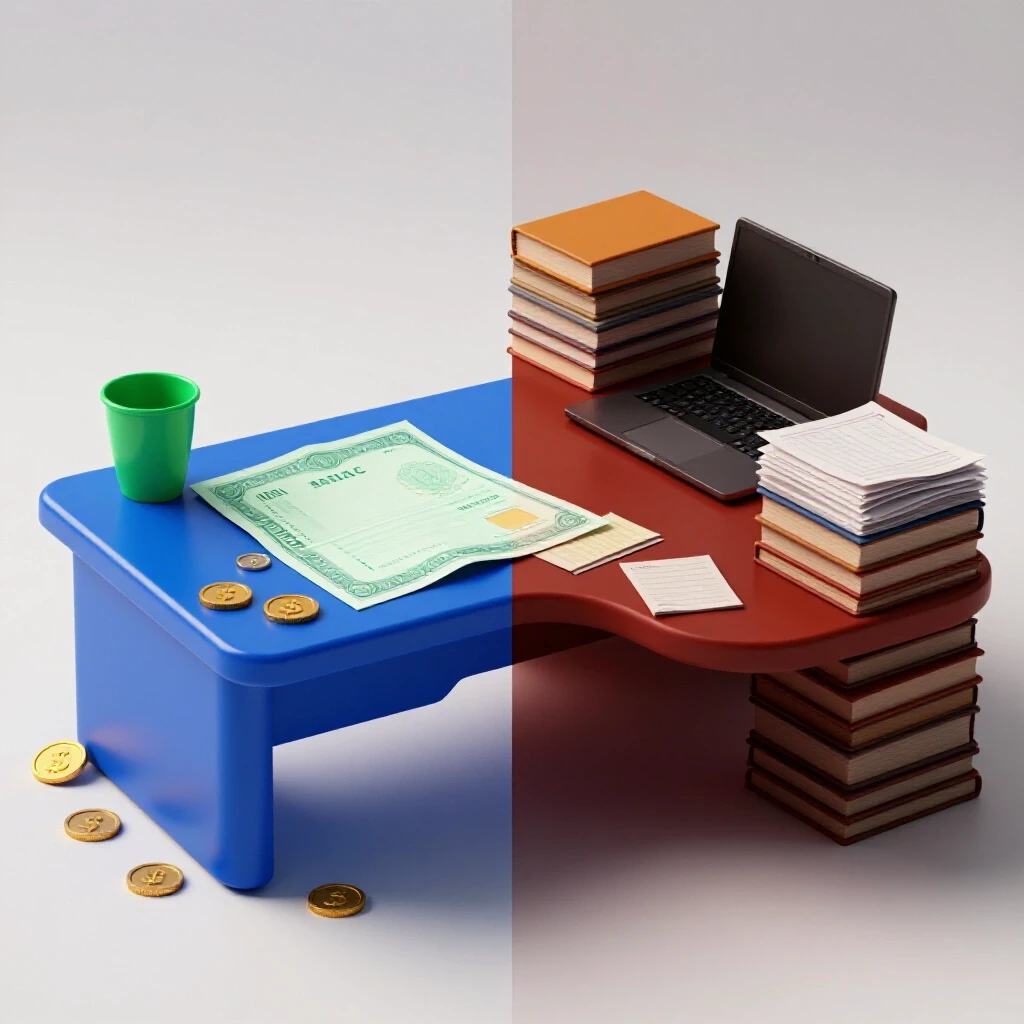 Split scene of a vibrant office desk with paycheck and gold coins versus a subdued workspace with textbooks and a laptop, highlighting internship outcome contrasts.