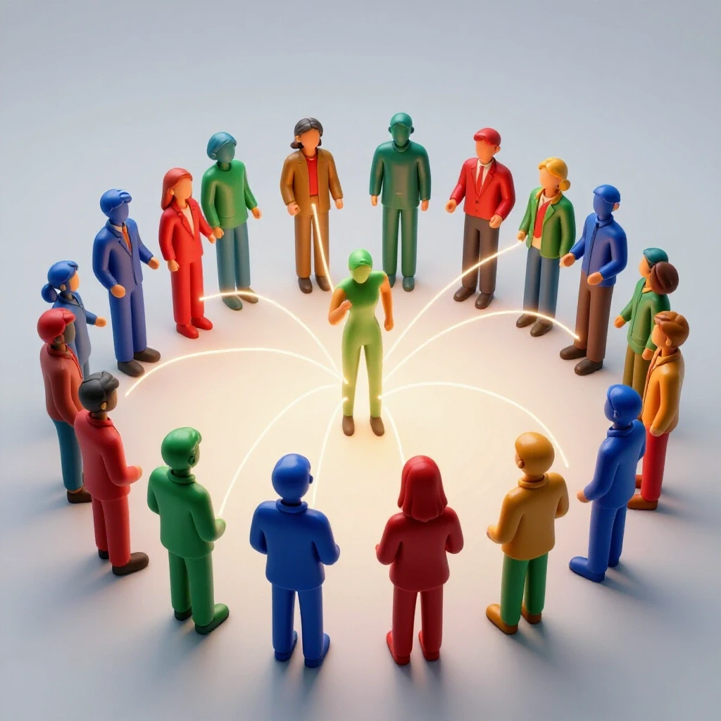 Colorful group of student and advisor figures in semi-circle, linked by glowing lines on bright background