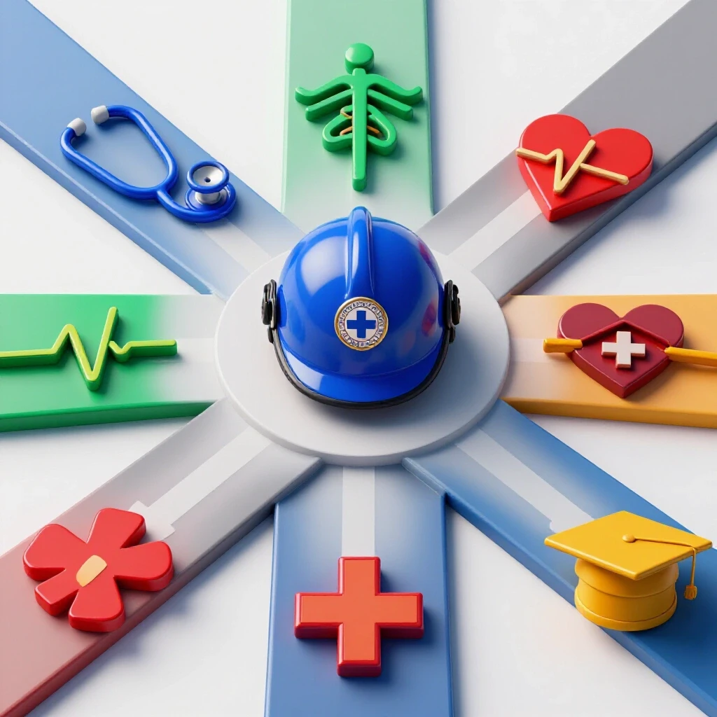 A centered paramedic helmet and medical bag at a crossroads with vivid icons for specializations on bright paths