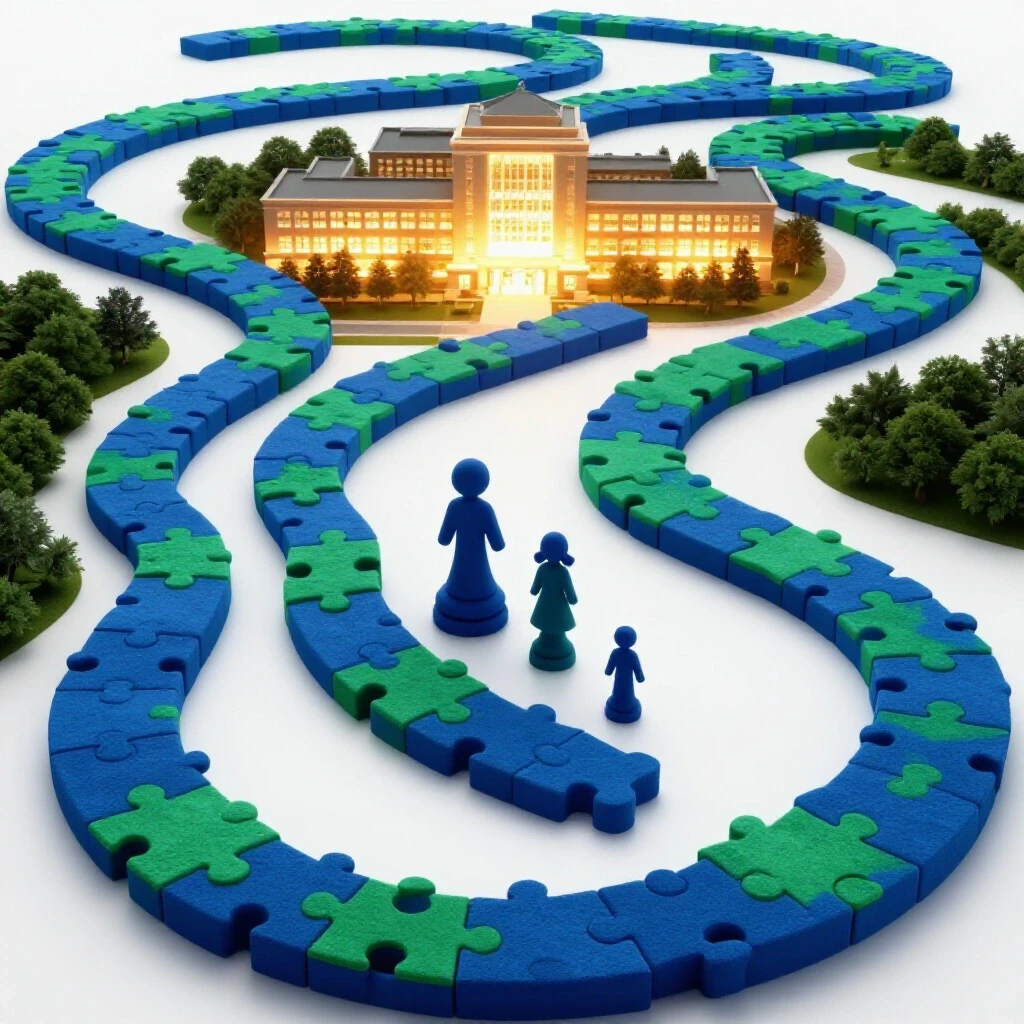 Parent and teen symbols on vibrant puzzle piece path leading toward a brightly lit college campus