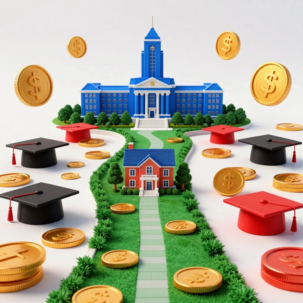 A family home connected by a winding path lined with oversized coins and graduation caps leading to a distant university.