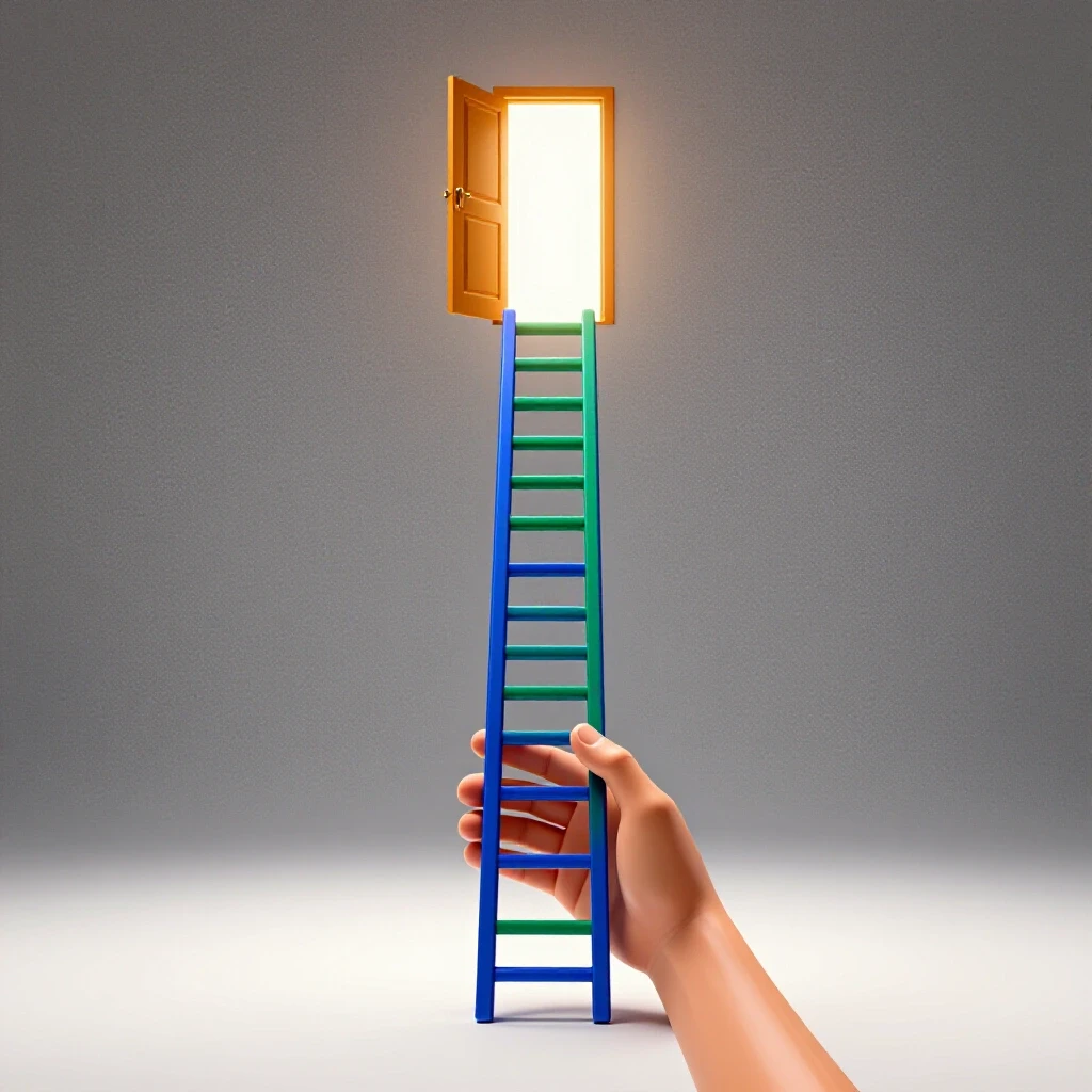 A glossy hand steadies a vibrant blue ladder as it leads to an open, glowing doorway on a bright background.