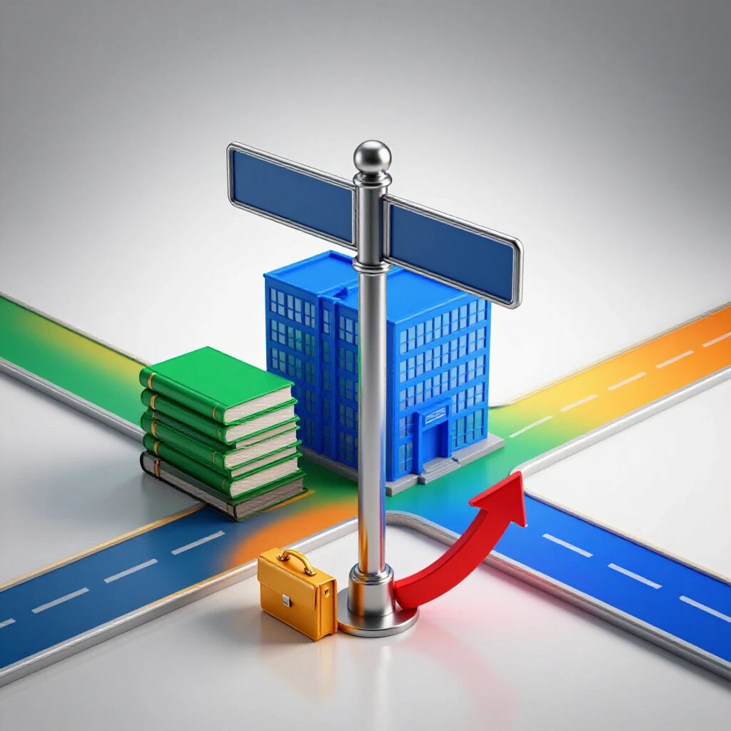 Glossy crossroads signpost between emerald textbook stack and blue office, symbolizing career growth.