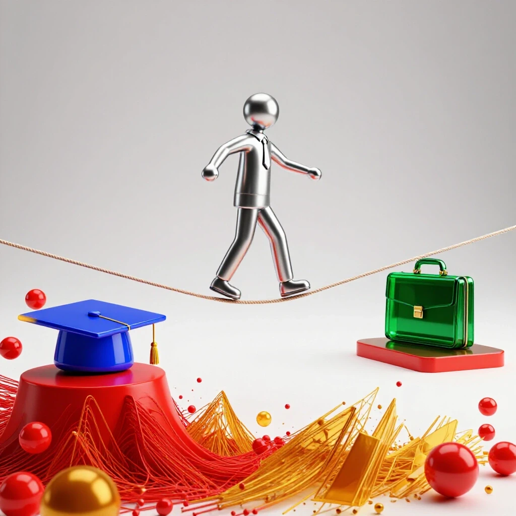 Symbolic student balancing on a tightrope between college and work above rising abstract data graphs