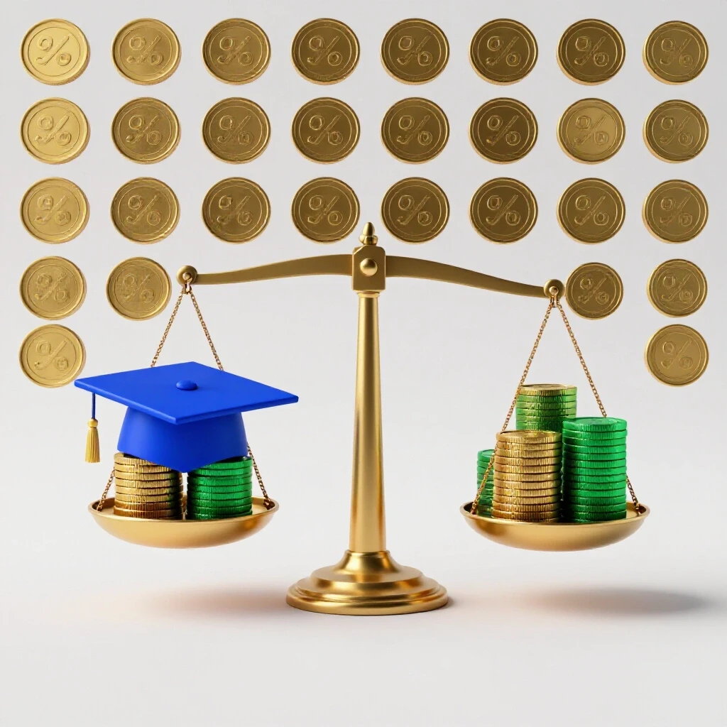 Balanced scale with a blue graduation cap on one side and gold coin stacks on the other, on a bright background.