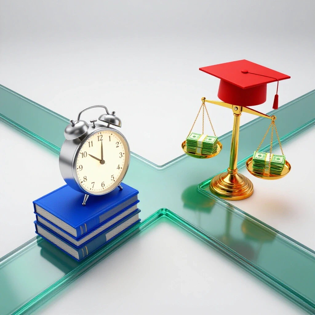 Vivid crossroads with books and a clock on one path, financial scales weighing money against a graduation cap on the other, set on a bright white background.