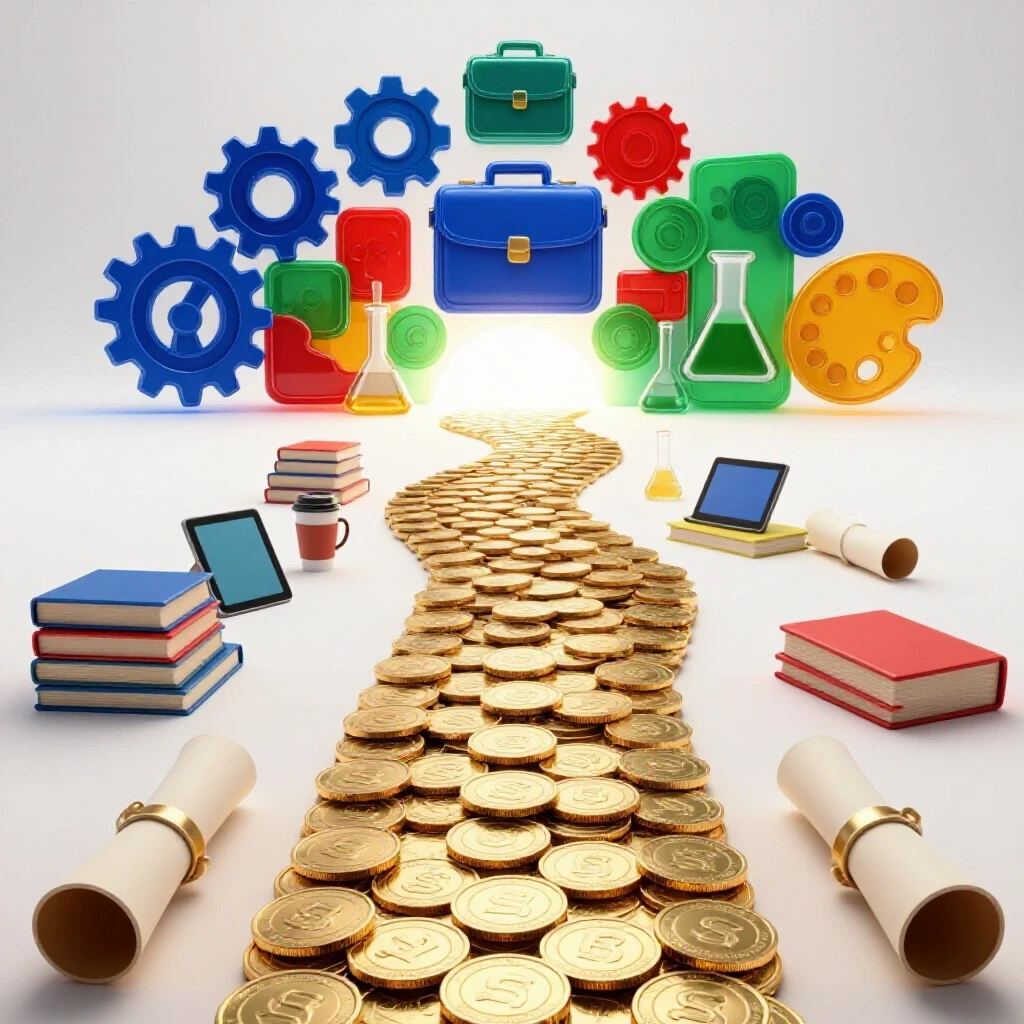 A winding path of interlocking coins and diploma scrolls leads from student items toward vivid career icons on a bright background.