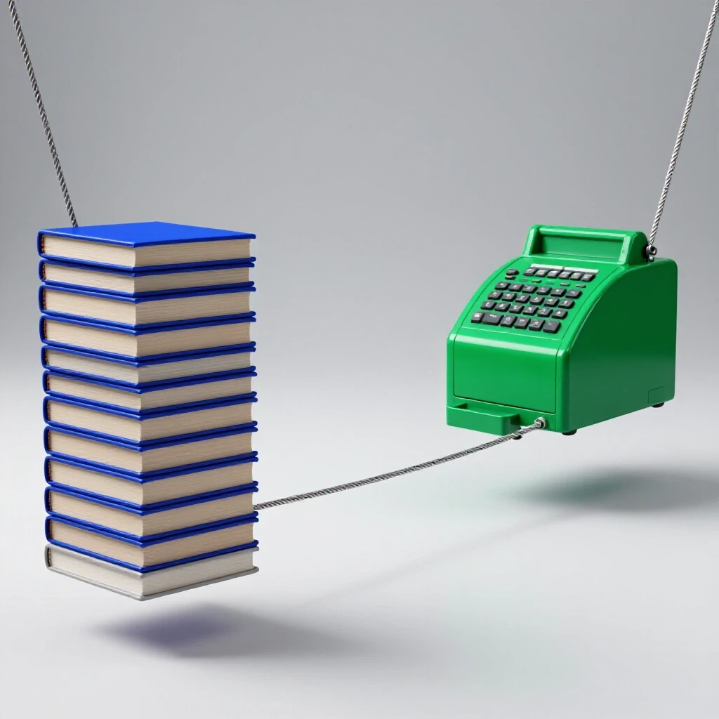 A tightrope stretches between stacked blue textbooks and a green cash register, symbolizing academic and financial balance.