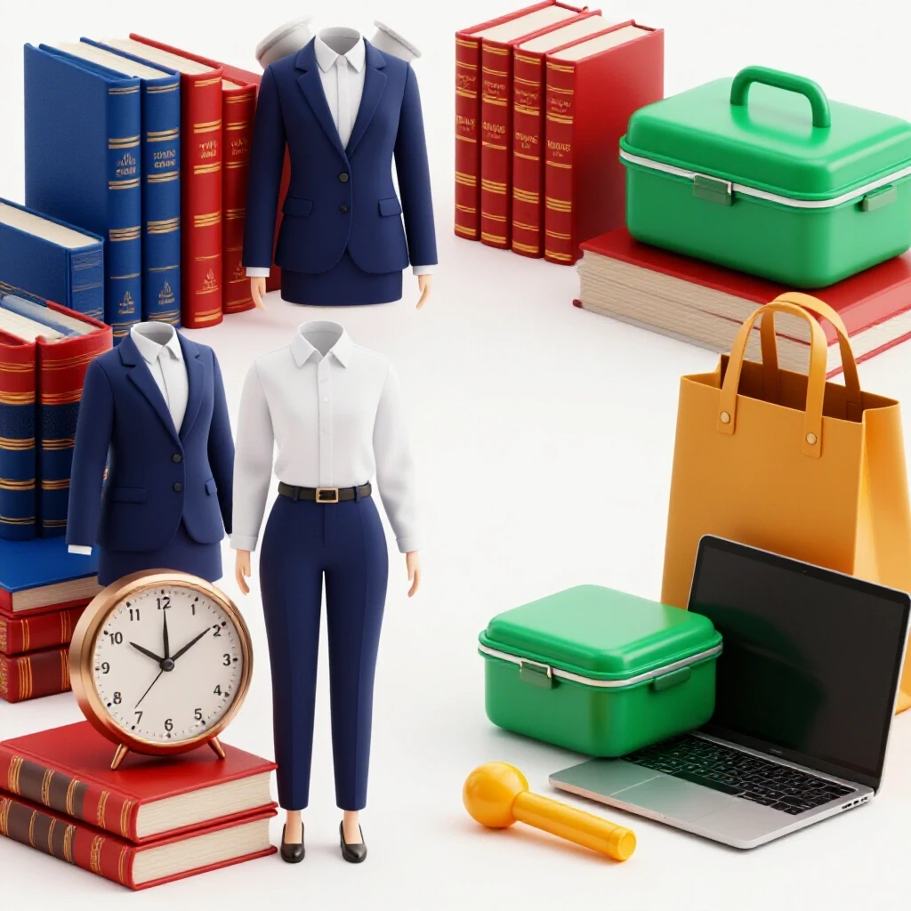 Split scene with legal books, clock, and work attire on one side and everyday objects on the other, on a bright background.