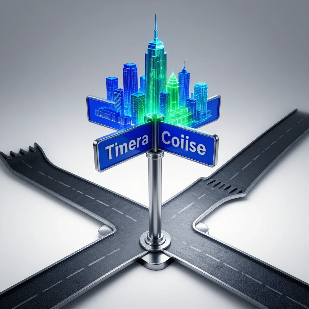 Glossy crossroads sign at forked path with one route leading to glowing city skyline, other fading into shadowy uncertainty.