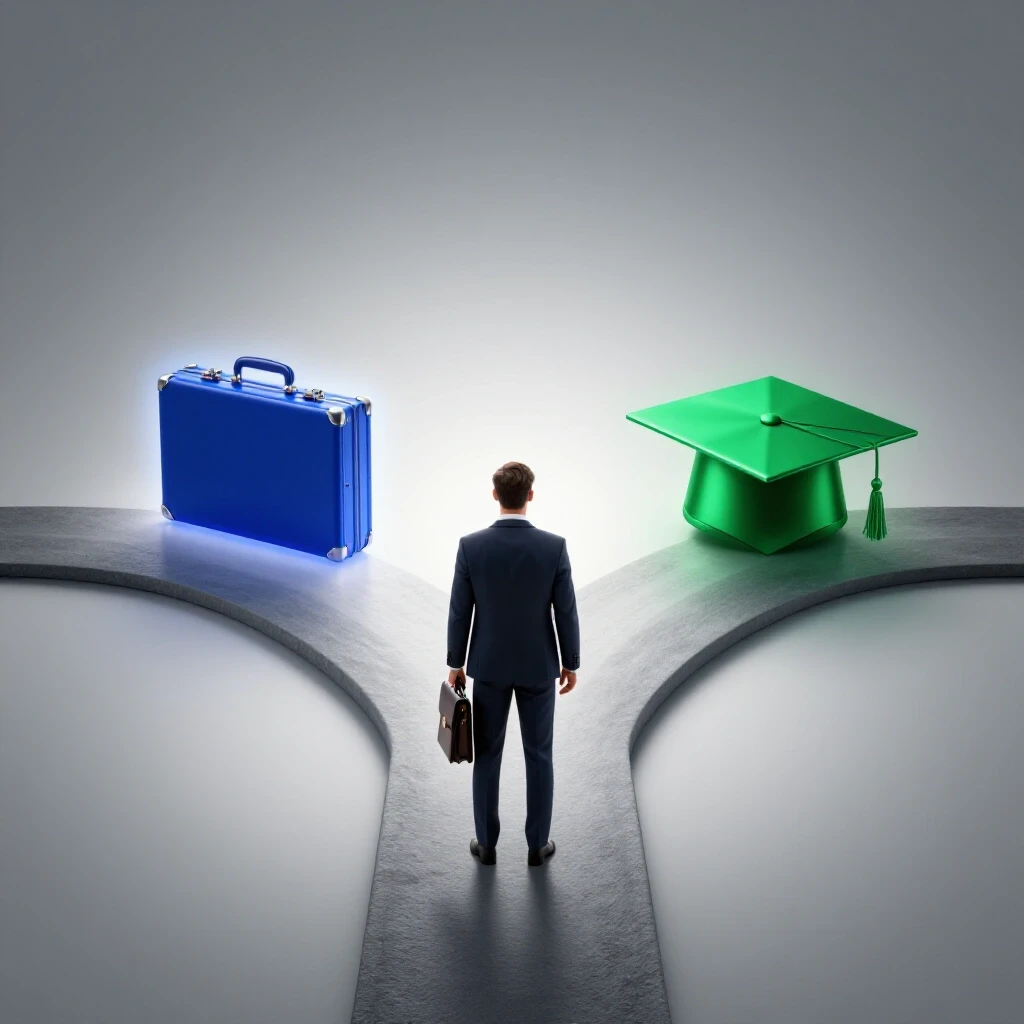 Business attire at a crossroads with a glowing briefcase on one path and an illuminated graduation cap on another, set against a bright background.