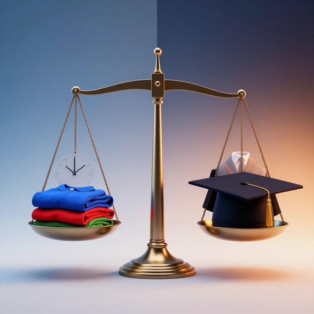 Balanced scale with clock and casual clothes on one side, graduation cap and formal wear on the other, set against a split day and night background.