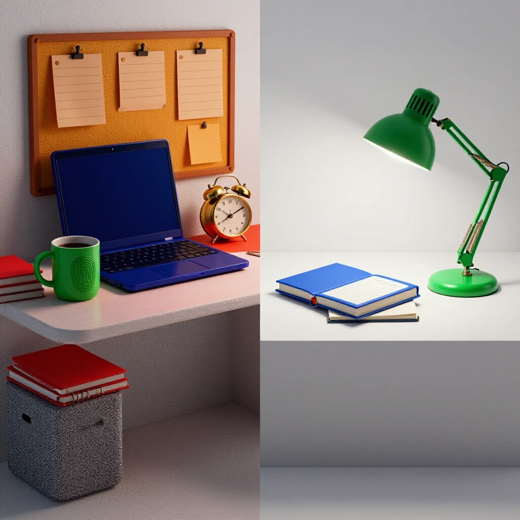 Split scene with colorful workspace objects on one side, serene study setup on the other, on a white background.