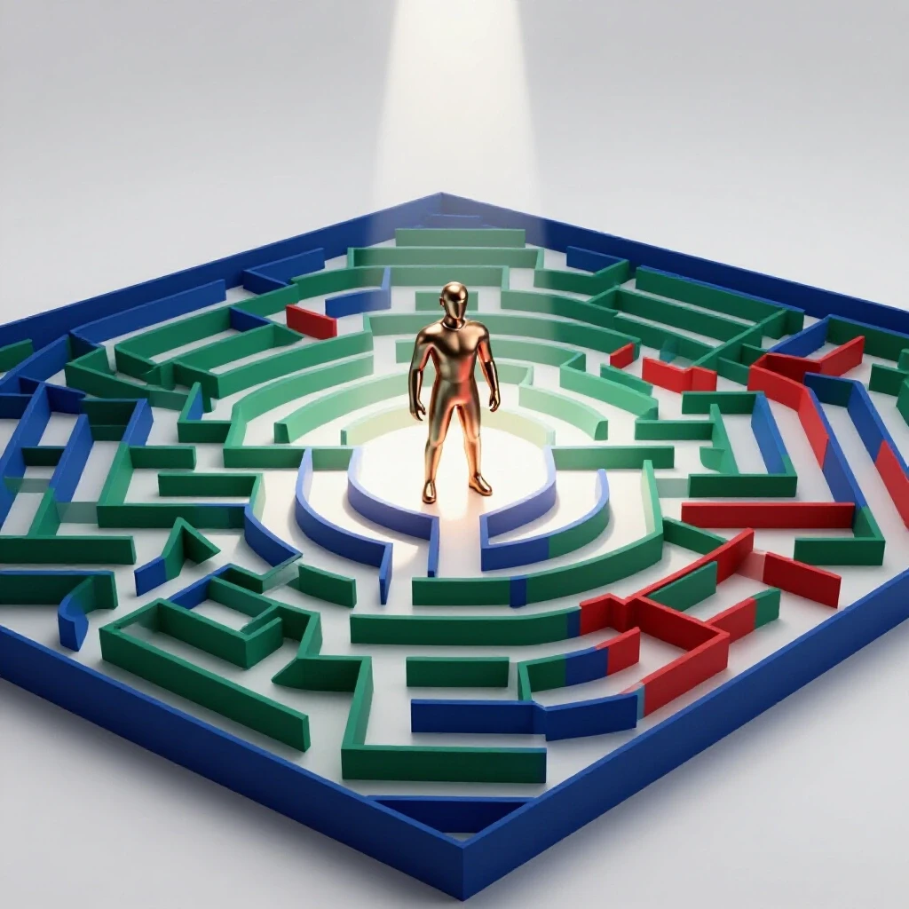 A metallic figurine stands at the center of a maze built from vibrant exam papers, illuminated by a clear light path amid shadowed routes.