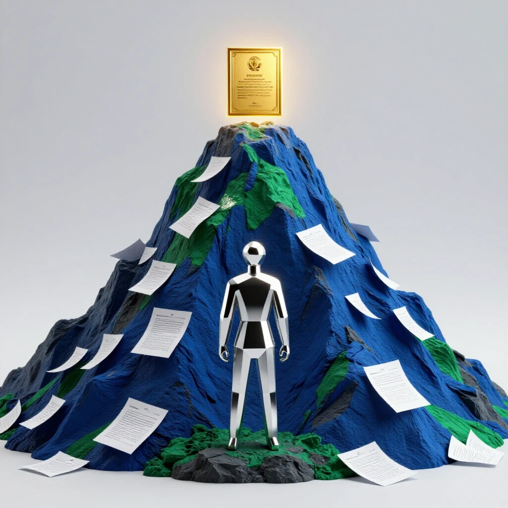 Glossy geometric figure stands at the base of a vivid mountain with crumpled papers, eyeing a glowing gold certificate at the summit.