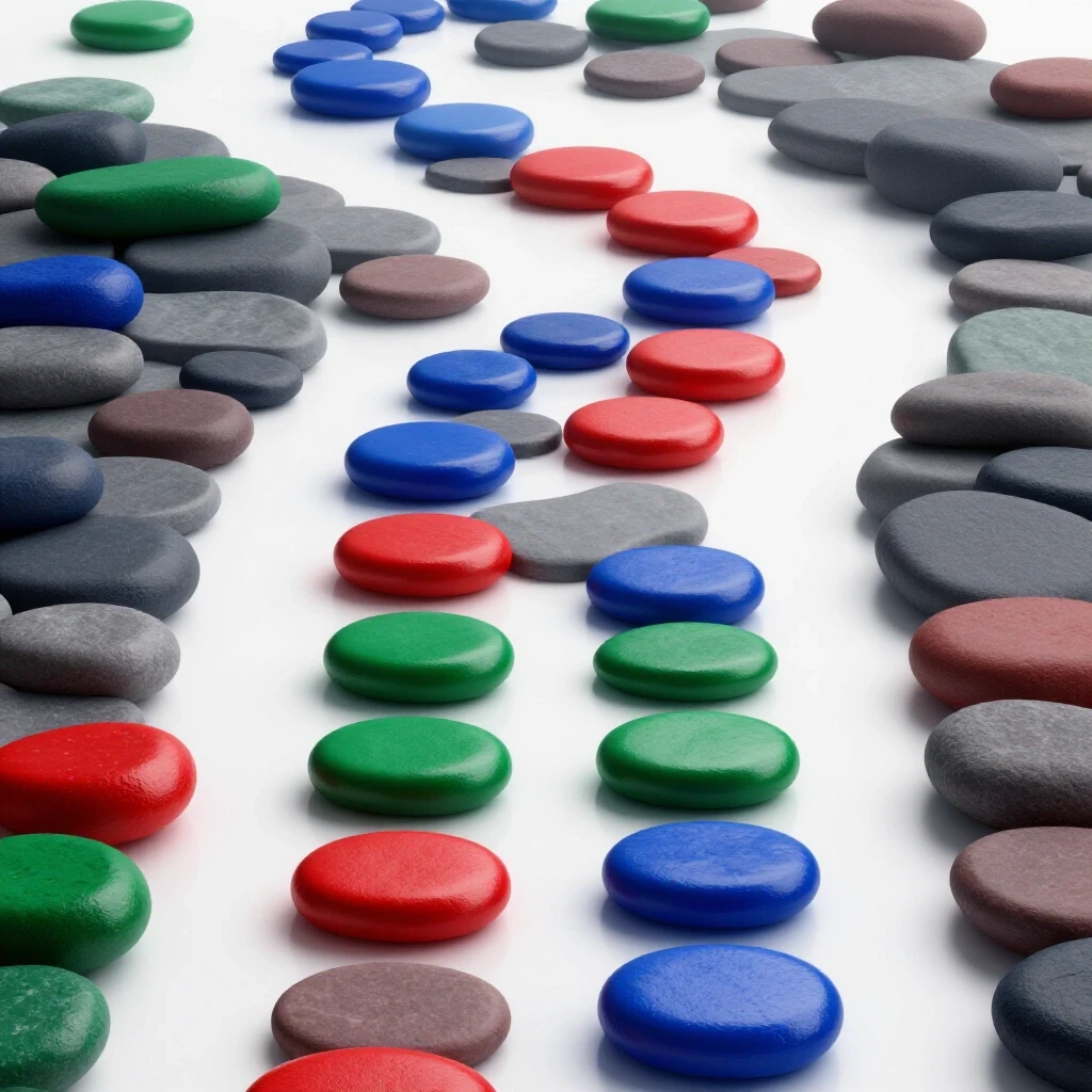 Winding path of vibrant stepping stones crossing a gap, some brightly lit and others fading, against a bright white background.