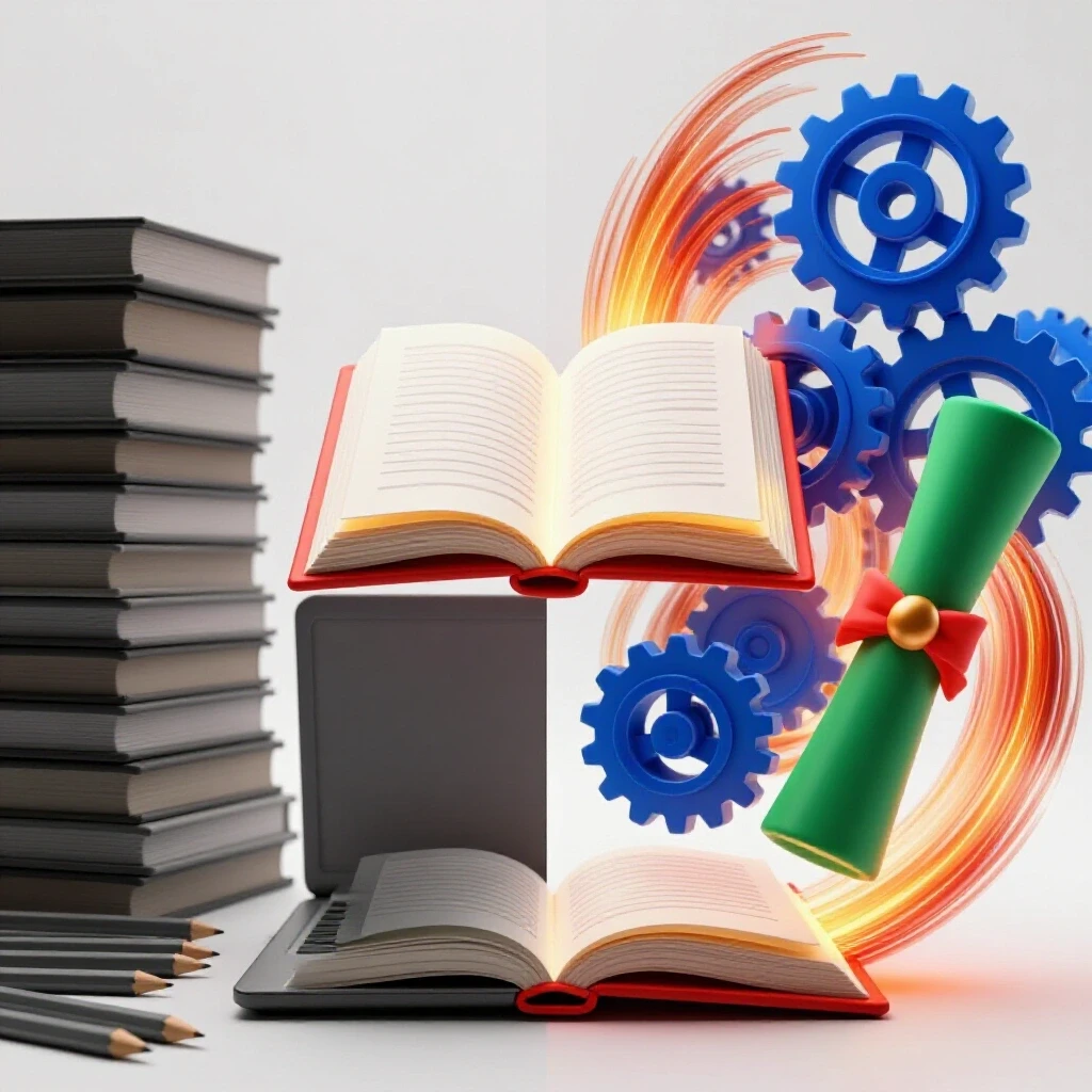 Split scene showing dull, blurred study tools beside vibrant, glowing education symbols with dynamic energy.