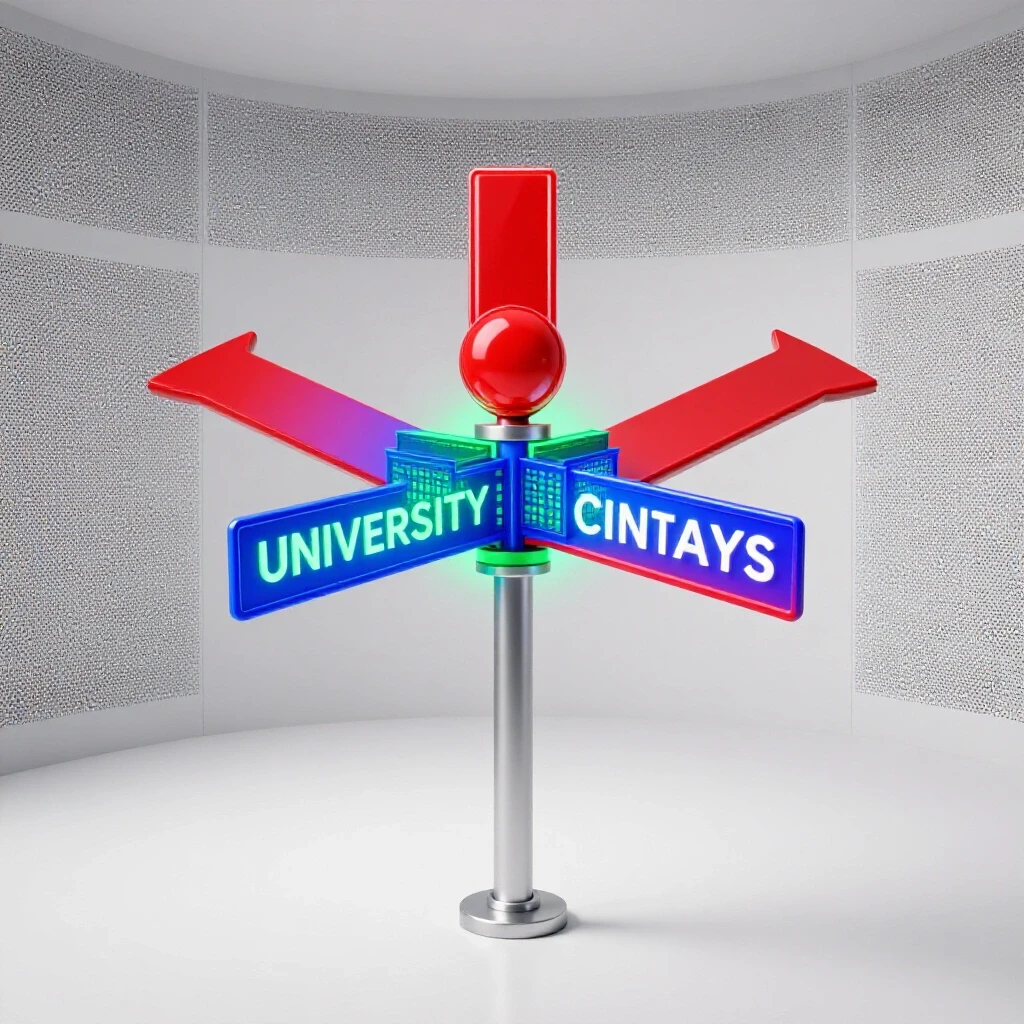 A crossroads sign pointing to a vibrant campus on one side and a bold red pause button on the other, set on a bright background.