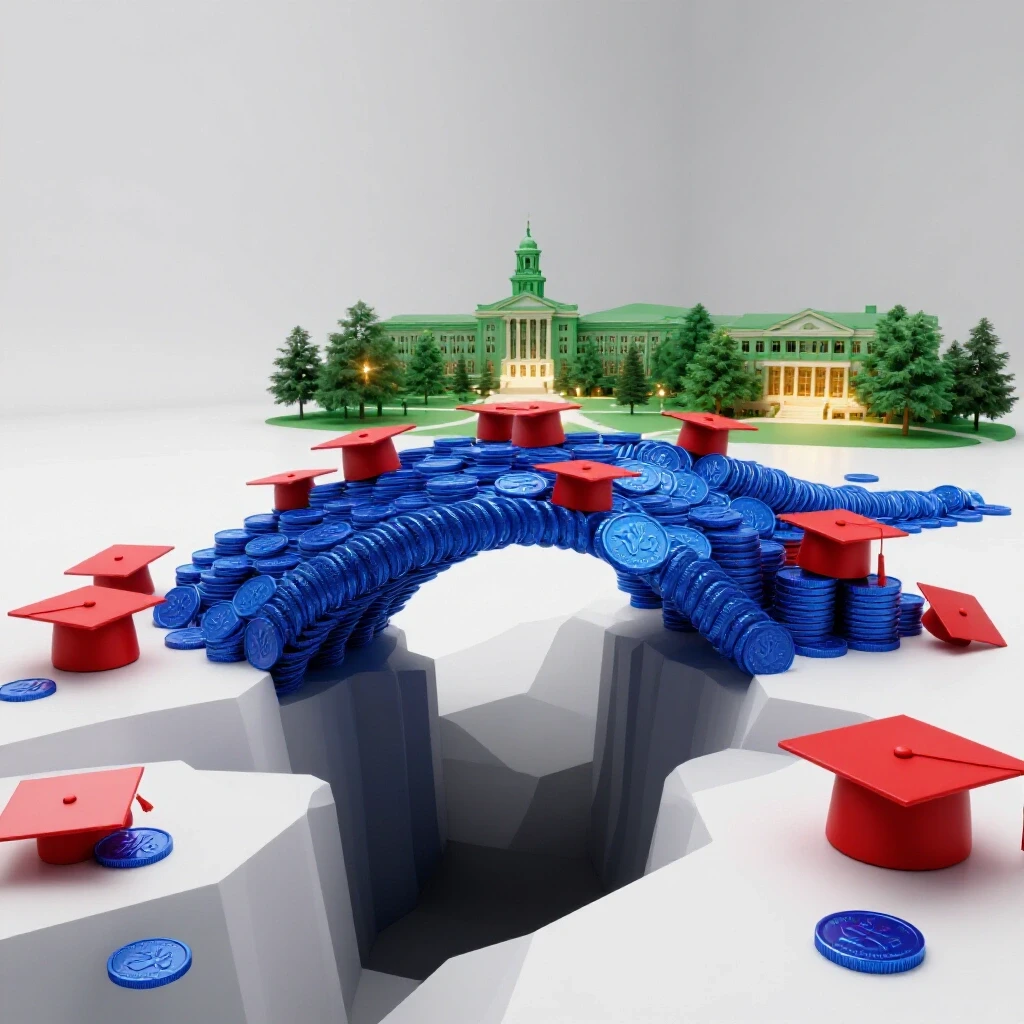 Bridge of coins and graduation caps spanning a deep chasm toward a glowing college campus, symbolizing strategic pathways to funding education.
