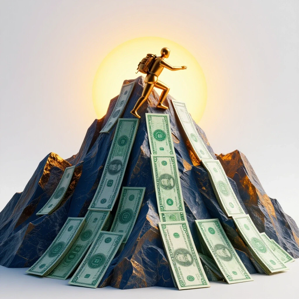 An abstract climber ascending a mountain of oversized student loan bills with a bright sunrise in the background.