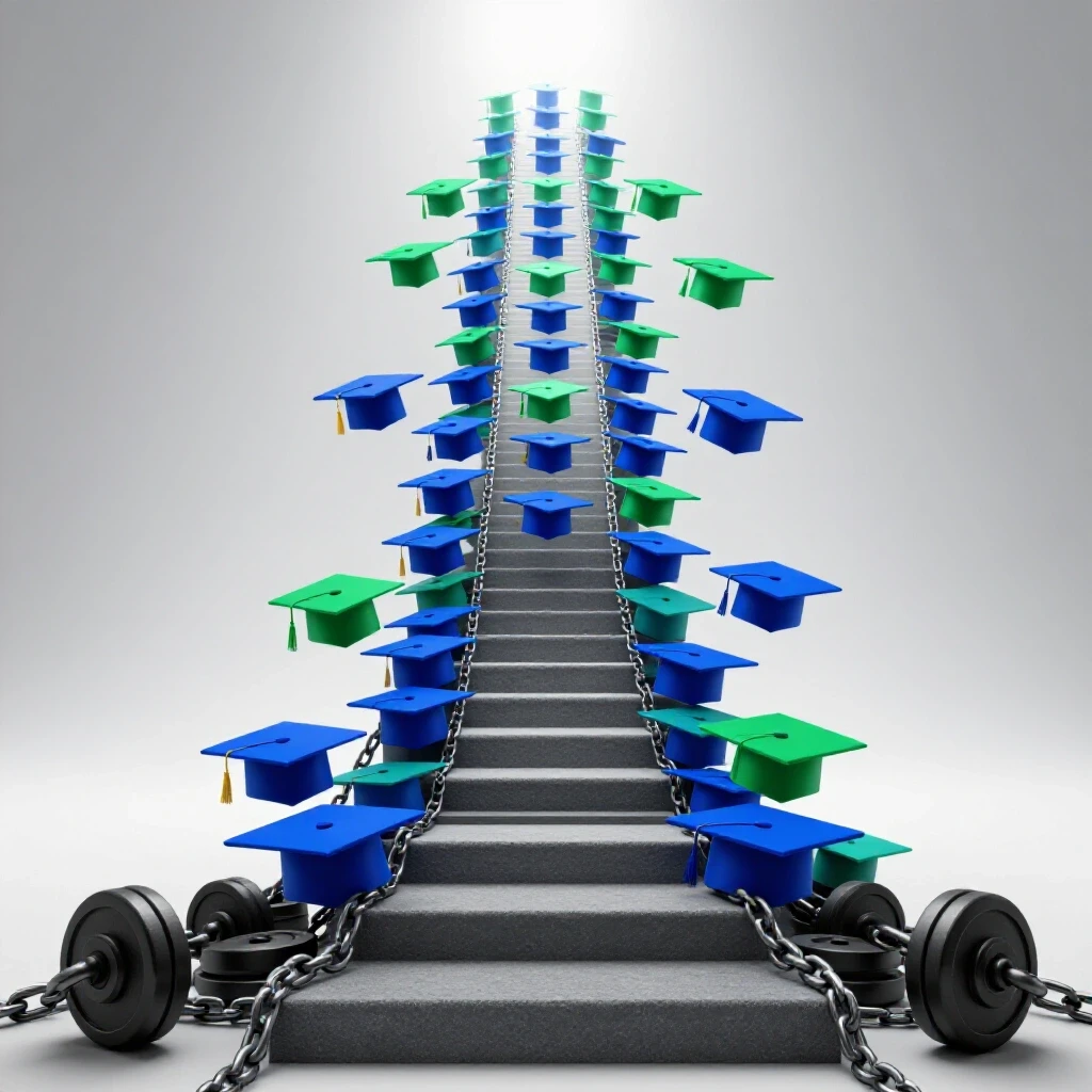 Graduation caps form a bold upward path toward a bright horizon, leaving chains and weights behind.