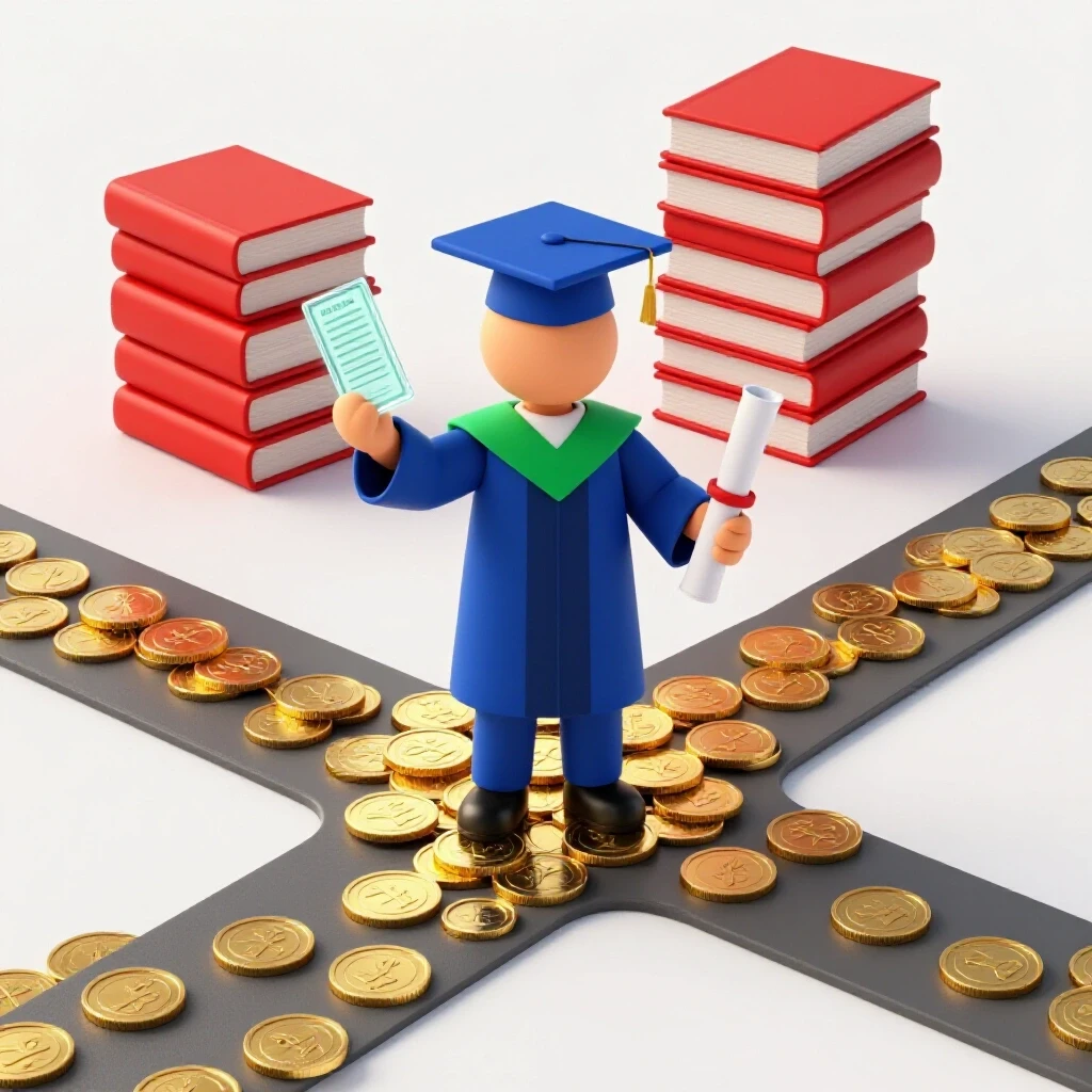 Central graduate figure holding a glowing pay stub and diploma at a crossroads with coin and book paths
