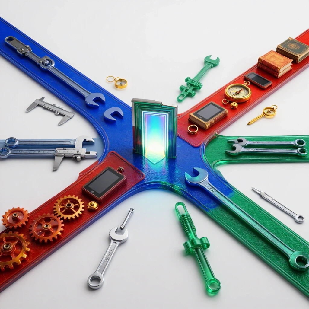 Two diverging paths at a crossroads, one with engineering tools and one with unconventional objects, meet at a glowing gateway.