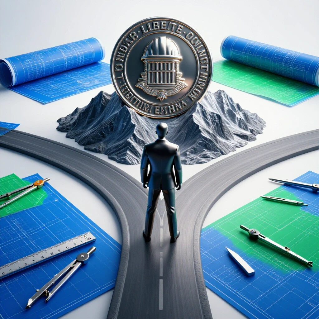 Abstract professional at a crossroads with vivid engineer’s seal on mountain, surrounded by blueprints and tools