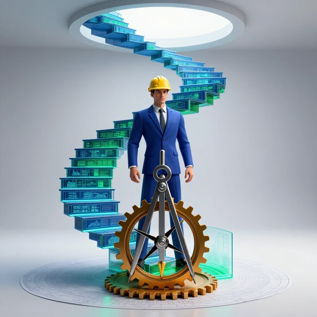 A dynamic staircase made of blueprints and data charts spirals upward, symbolizing career progression after PE license.