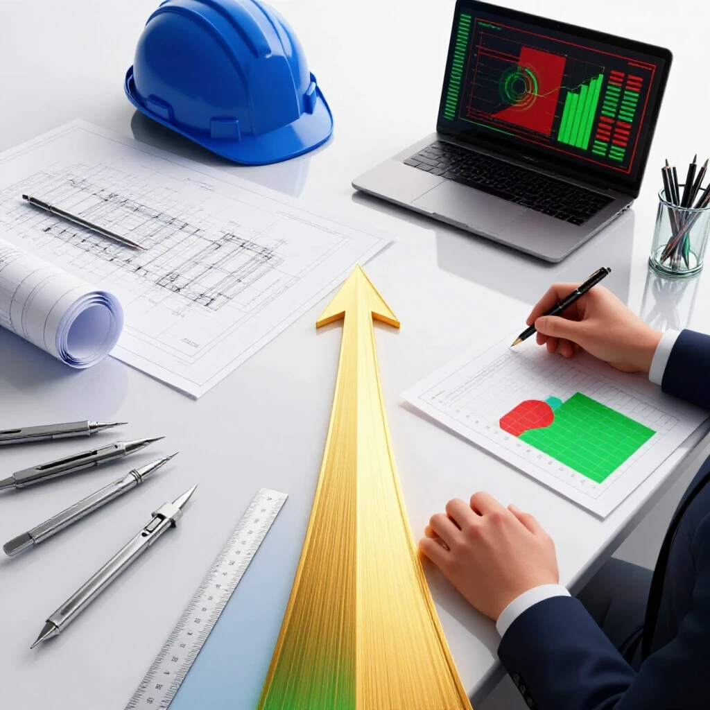 Split scene with an engineer's blueprint and tools on one side, business desk with charts and laptop on the other, merging into a luminous upward path.
