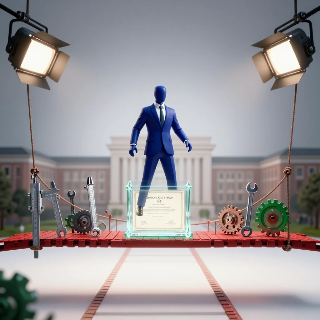 A faceless figure crosses a bridge of engineering tools toward a glowing certificate, with universities fading behind.