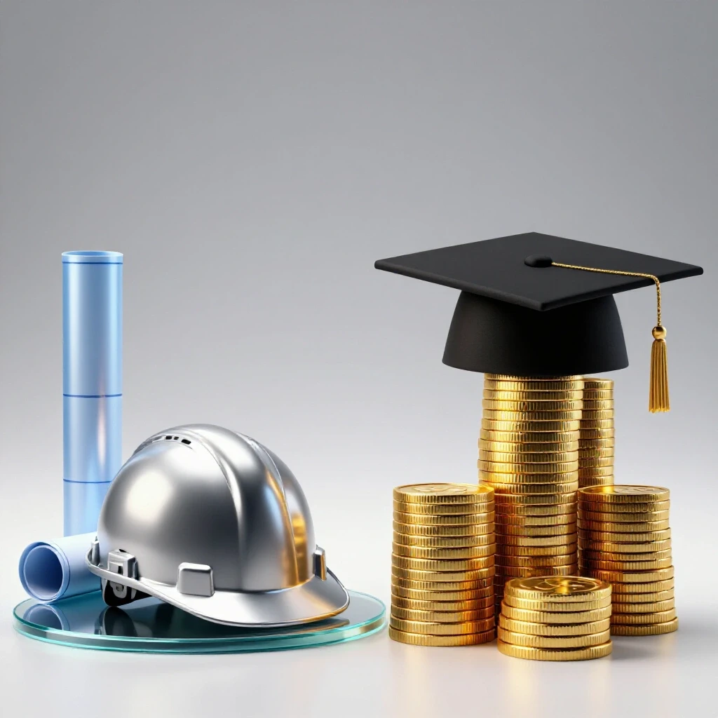 Split scene with blueprints and hard hat on one side, graduation cap on growing stack of coins on the other