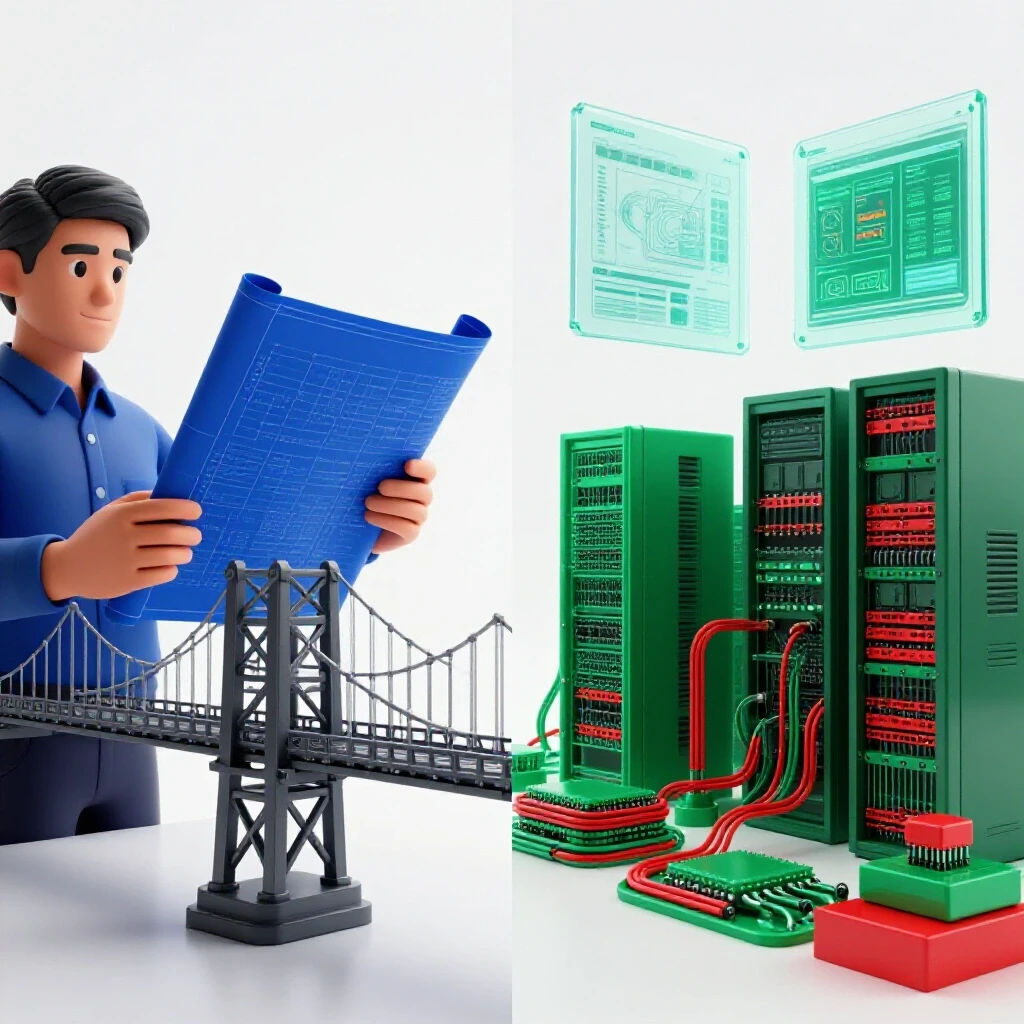 Split scene showing blueprints and bridge model on one side, digital network and system icons on the other, contrasting engineering paths.