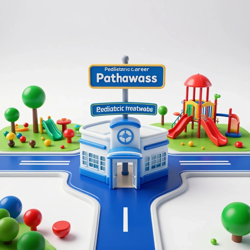A vividly colored crossroads signpost points to a hospital and playground, symbolizing pediatric career pathways.