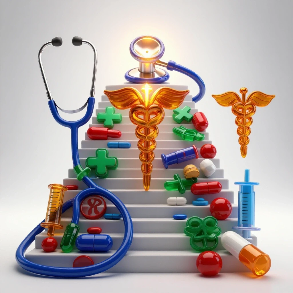 A vivid staircase of colorful medical symbols leads to a glowing pediatric stethoscope on a bright white background.