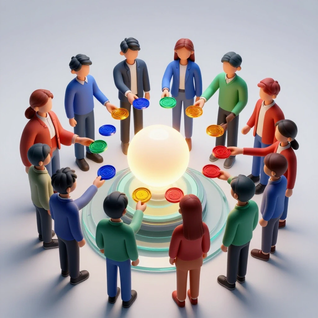 A circle of vibrant abstract student figures, each offering a colored token toward a glowing central sphere on a glass platform.