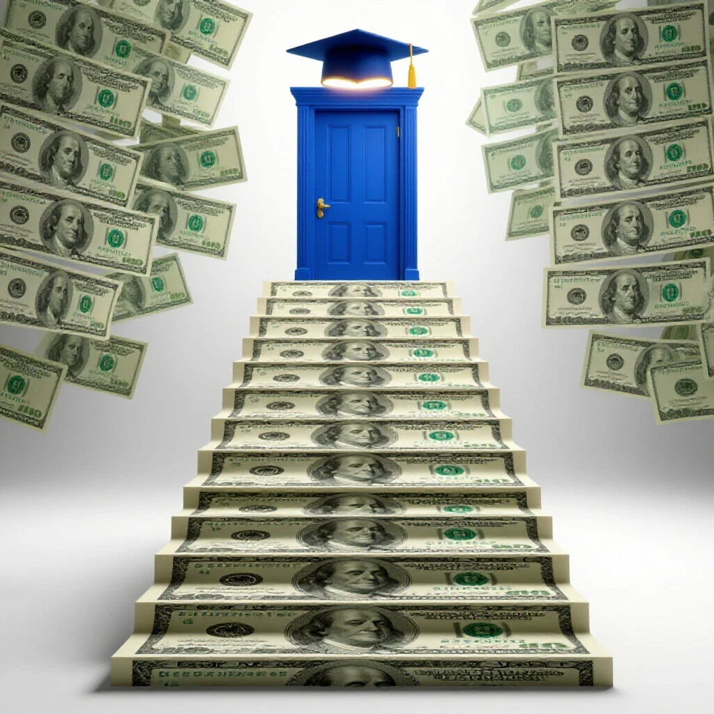 A staircase made of dollar bills leads to a glowing doorway topped with a graduation cap, symbolizing funding for advanced education.