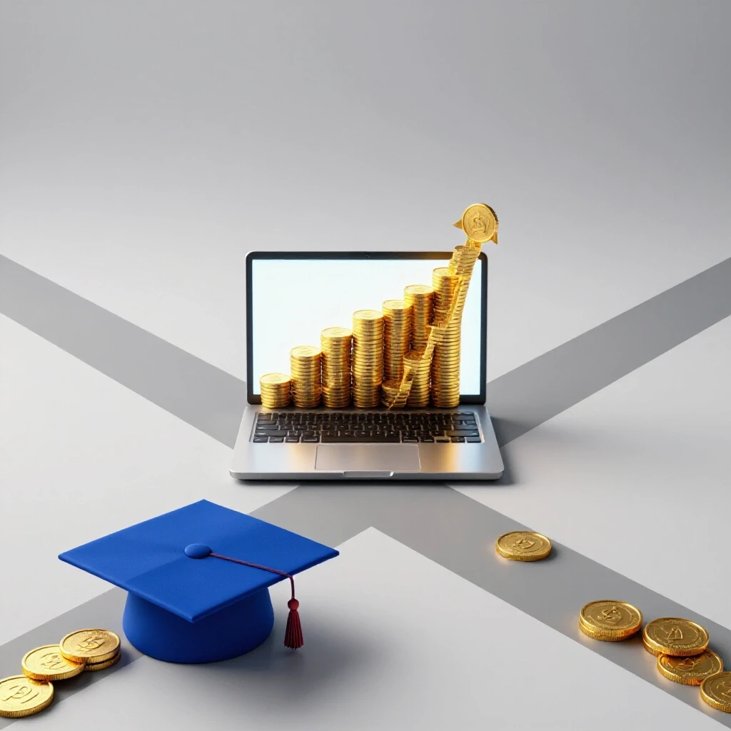 Graduation cap and rising golden coin graph intersecting before a bright laptop, symbolizing finance ROI.