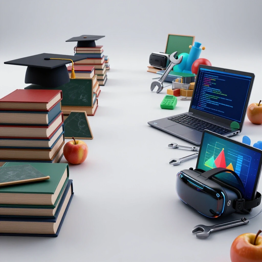 Split pathway with faded classroom symbols on one side and vibrant alternative education tools on the other, set against a bright studio background.