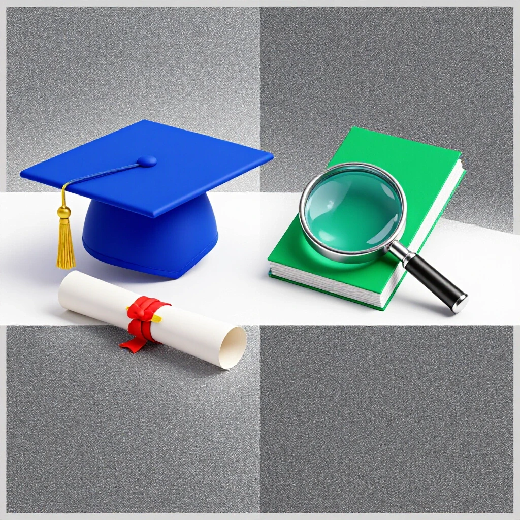 Split scene showing a vibrant diploma and graduation cap facing a magnifying glass over documents, contrasting sides clearly.